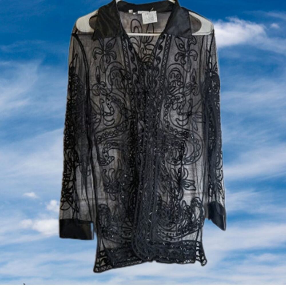 City Girl by Nancy Bolen M vintage button down sequins shear jacket. Beautiful.